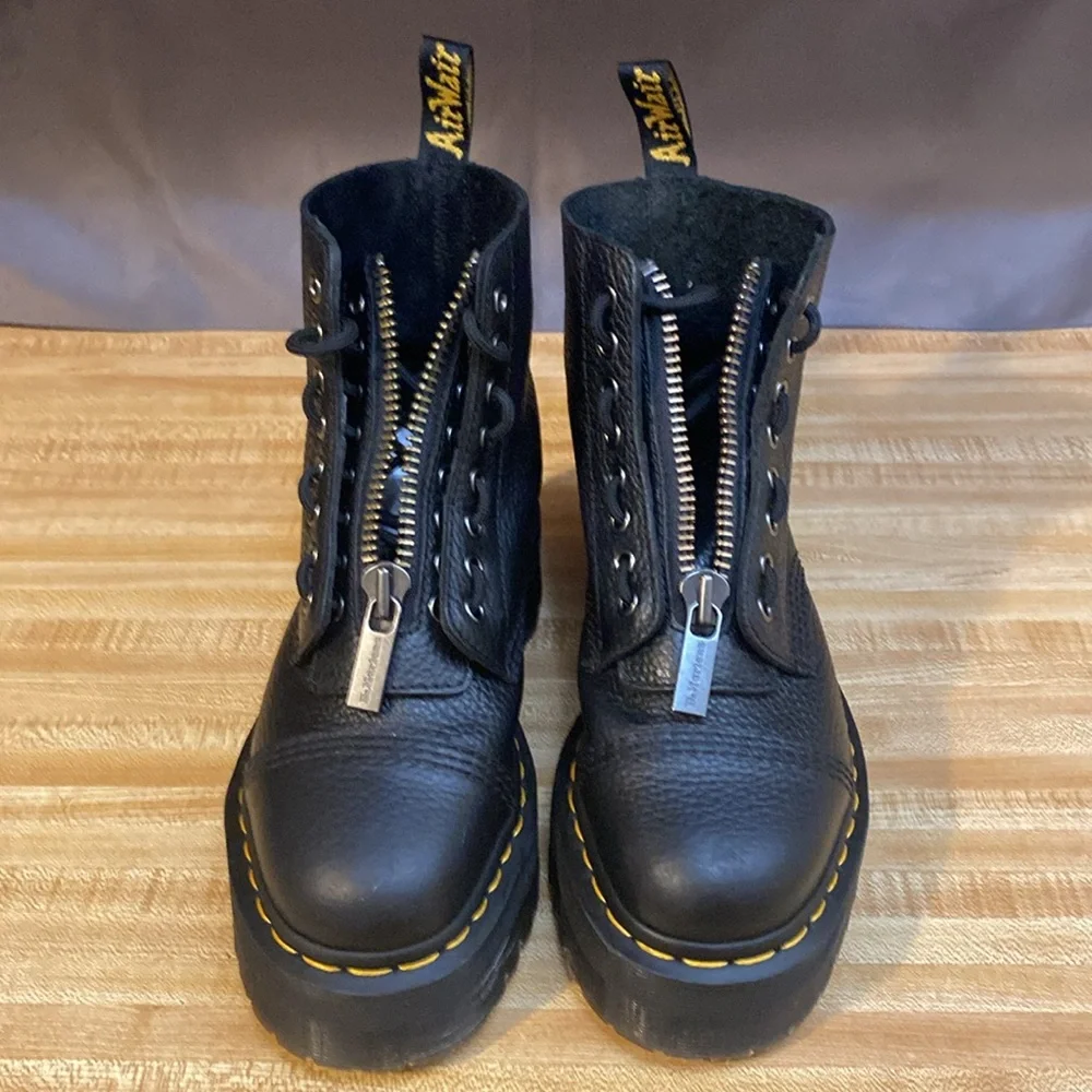 Dr. Martens Black Pebbled Leather Platform Lace-Up Boots with Yellow Stitching